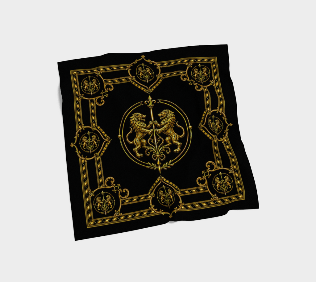 100% Silk Scarf — Inspired by Louis C. Tiffany (1848–1933) and a French Teacup and Saucer — Gold Lions on Black