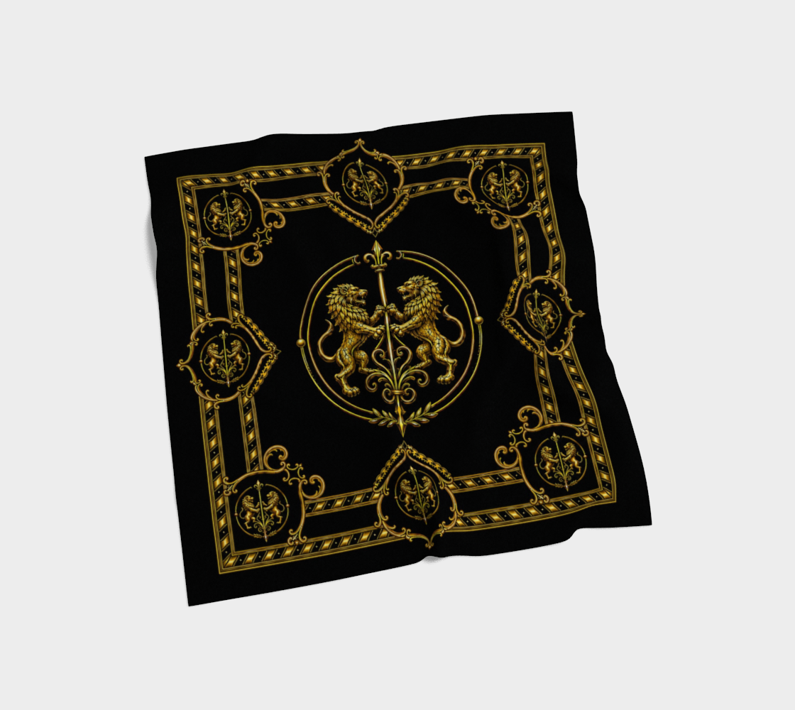 100% Silk Scarf — Inspired by Louis C. Tiffany (1848–1933) and a French Teacup and Saucer — Gold Lions on Black