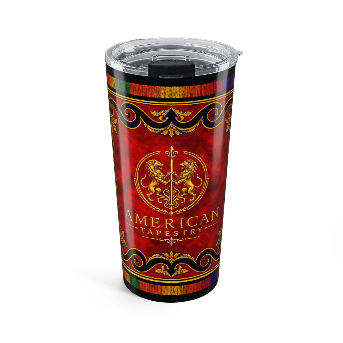 20 oz Steel Tumbler — Filling the Powder Horn — Original Multicolored on Red