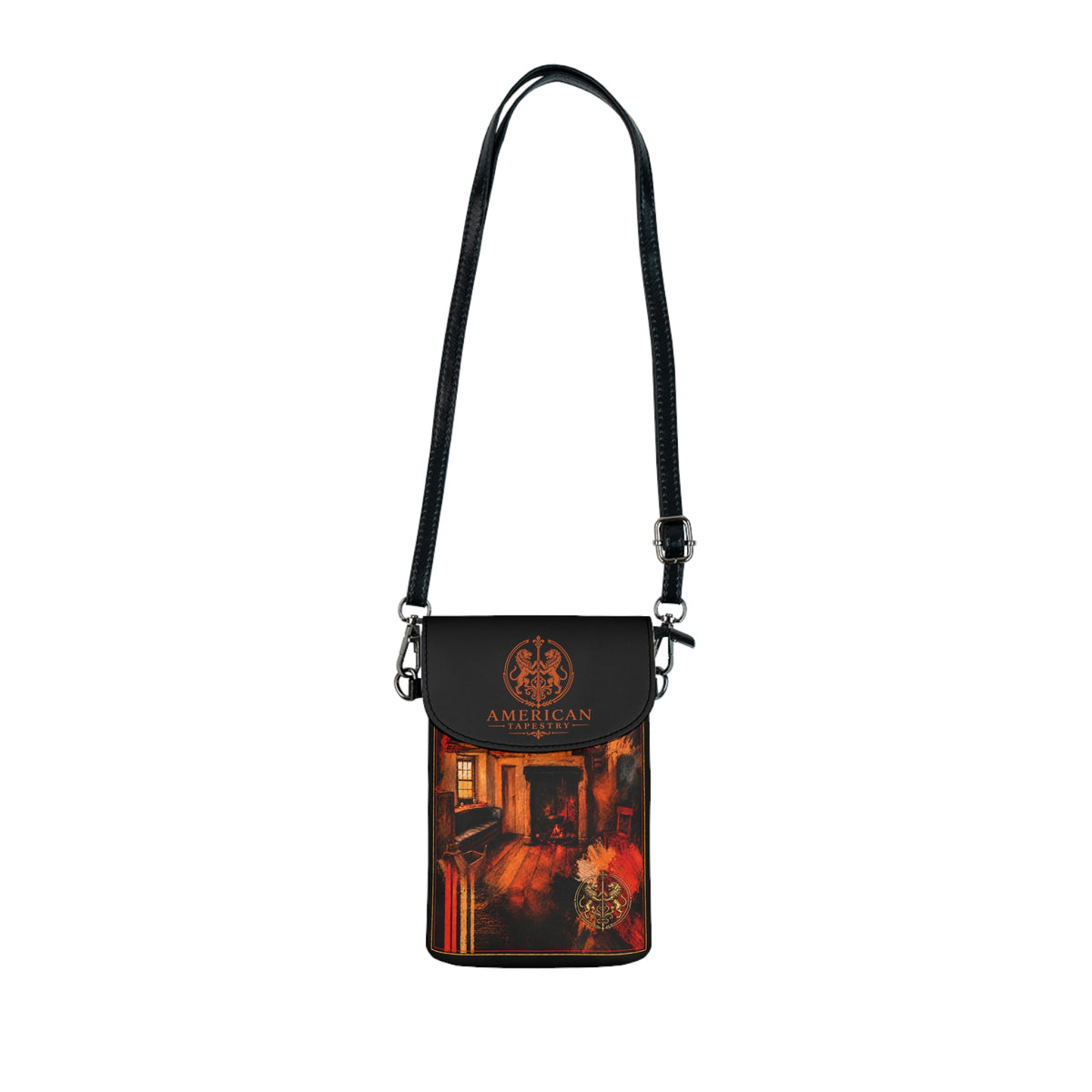 Crossbody Phone Case & Wallet Crossbody Bag — Interior Scene — Sunrise Ombré with Black