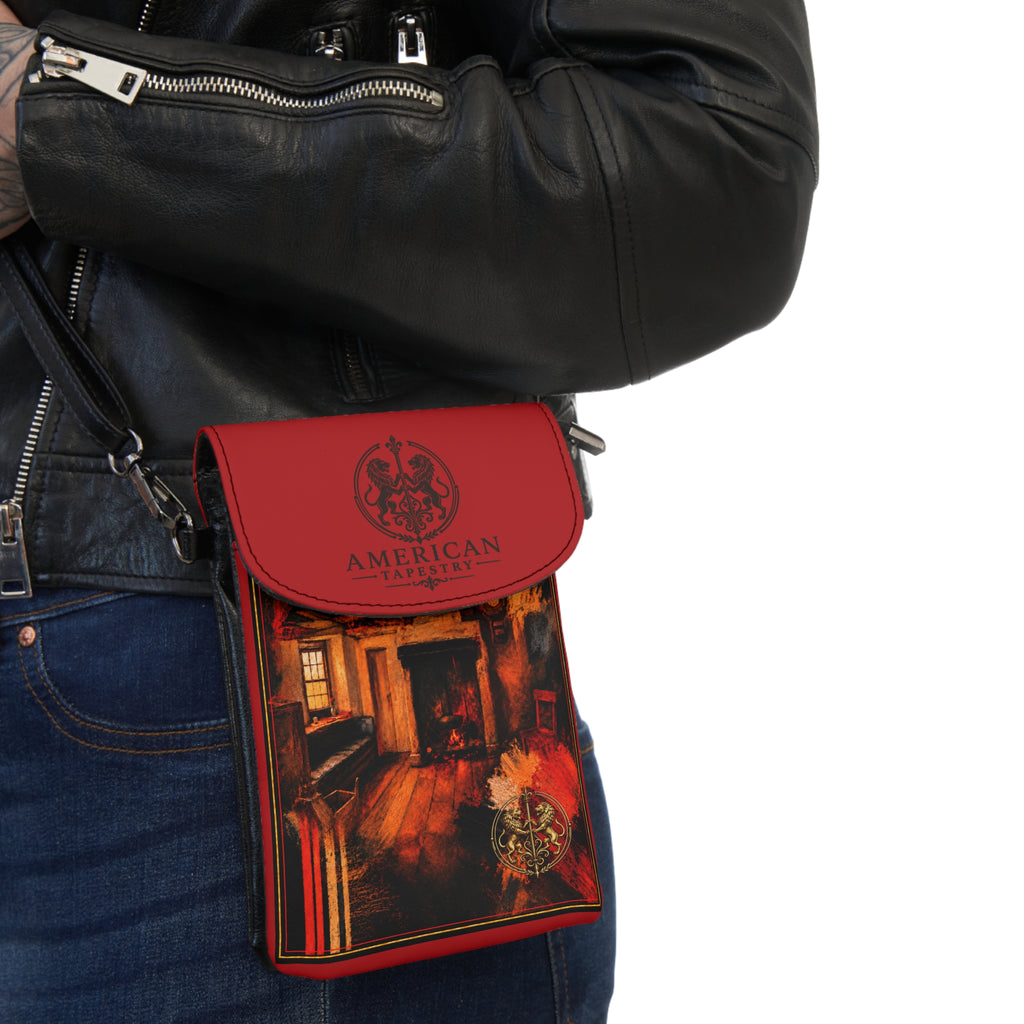 Crossbody Phone Case & Wallet Crossbody Bag — Interior Scene — Sunrise Ombré with Red