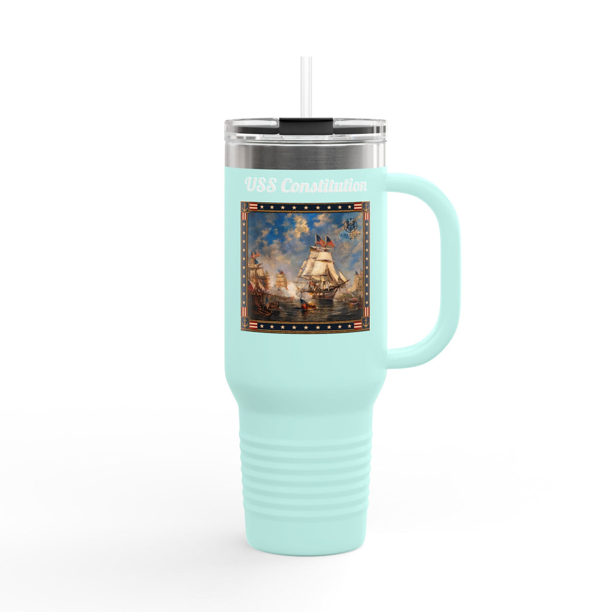 40 oz Insulated Travel Mug — USS Constitution — Multiple Colors in White Text