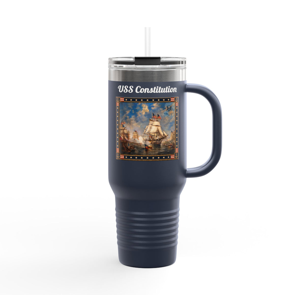 40 oz Insulated Travel Mug — USS Constitution — Multiple Colors in White Text