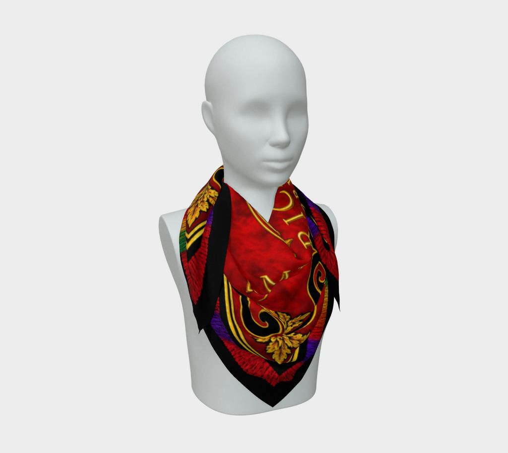 100% Silk Scarf — Filling the Powder Horn — Original Multicolored on Red