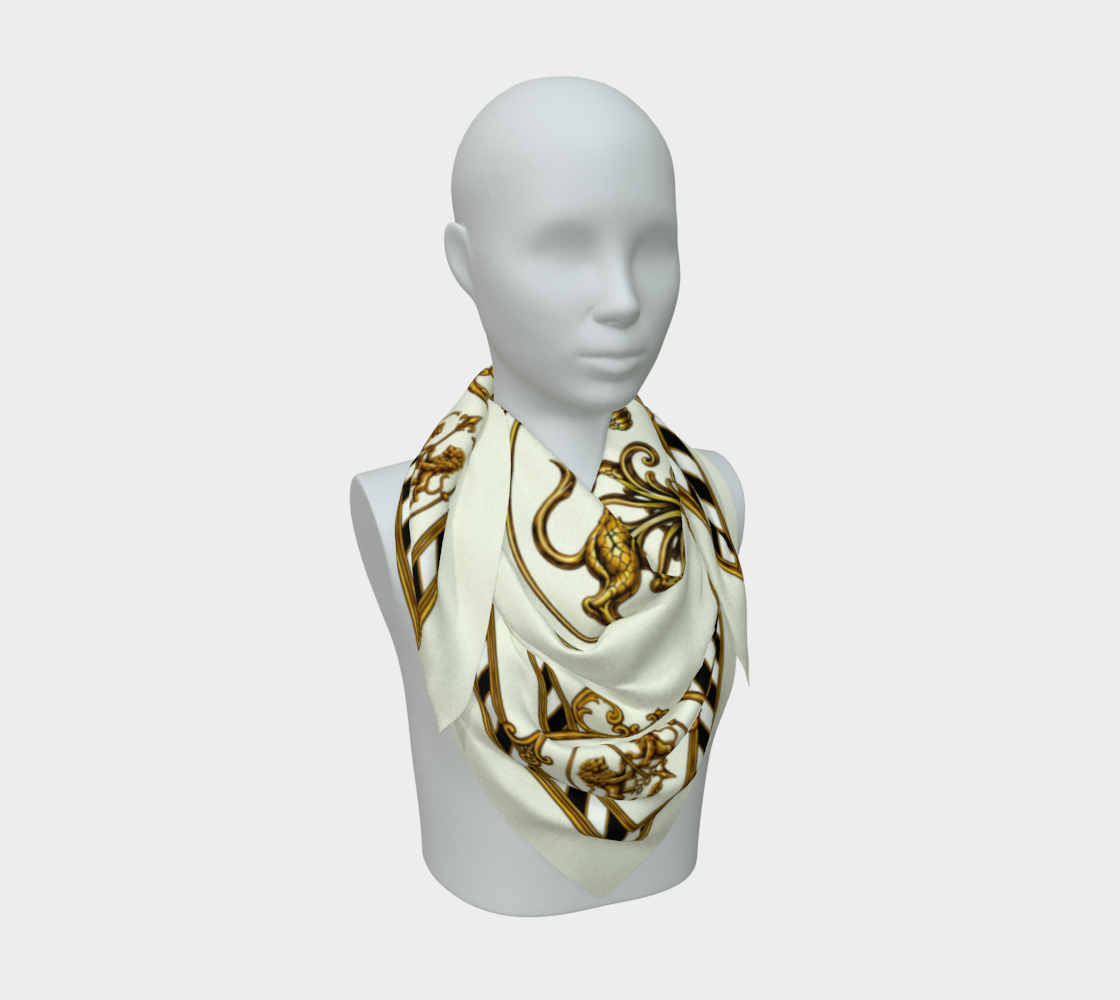 100% Silk Scarf — Inspired by Louis C. Tiffany (1848–1933) and a French Teacup and Saucer — Gold Lions on Antique White
