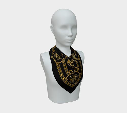 100% Silk Scarf — Inspired by Louis C. Tiffany (1848–1933) and a French Teacup and Saucer — Gold Lions on Black