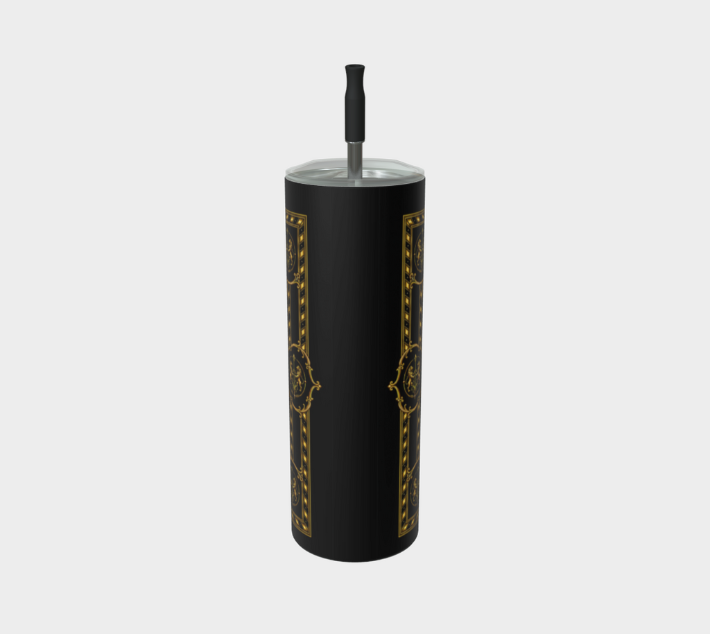 20 oz Steel Tumbler — Inspired by Louis C. Tiffany (1848–1933) and a French Teacup and Saucer — Gold Lions on Black