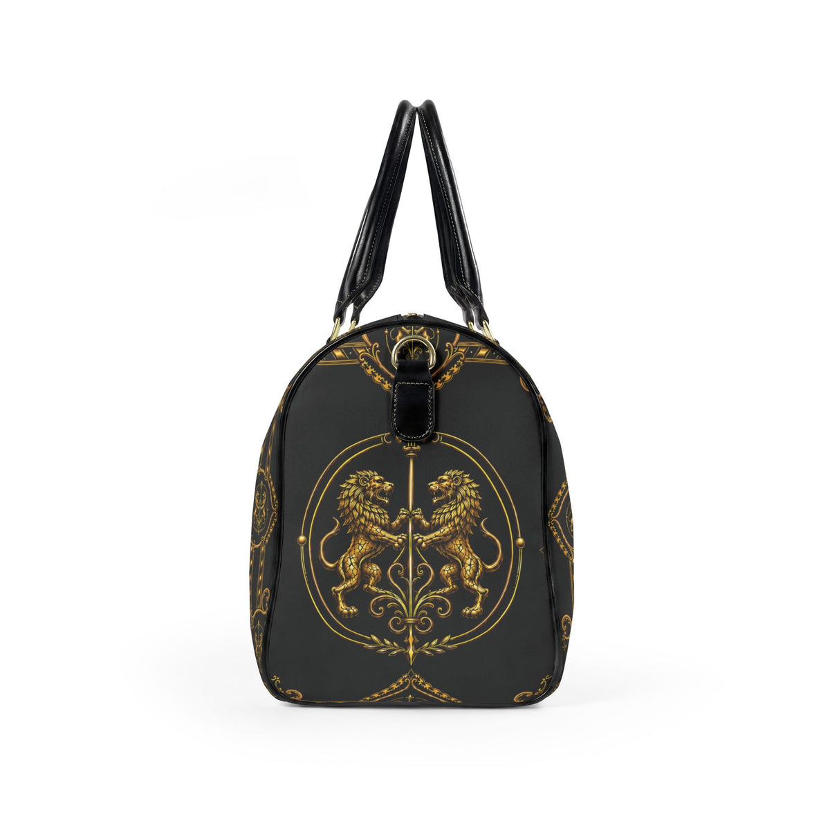 Barrel Bag — Inspired by Louis C. Tiffany (1848–1933) and a French Teacup and Saucer — Gold Lions on Black
