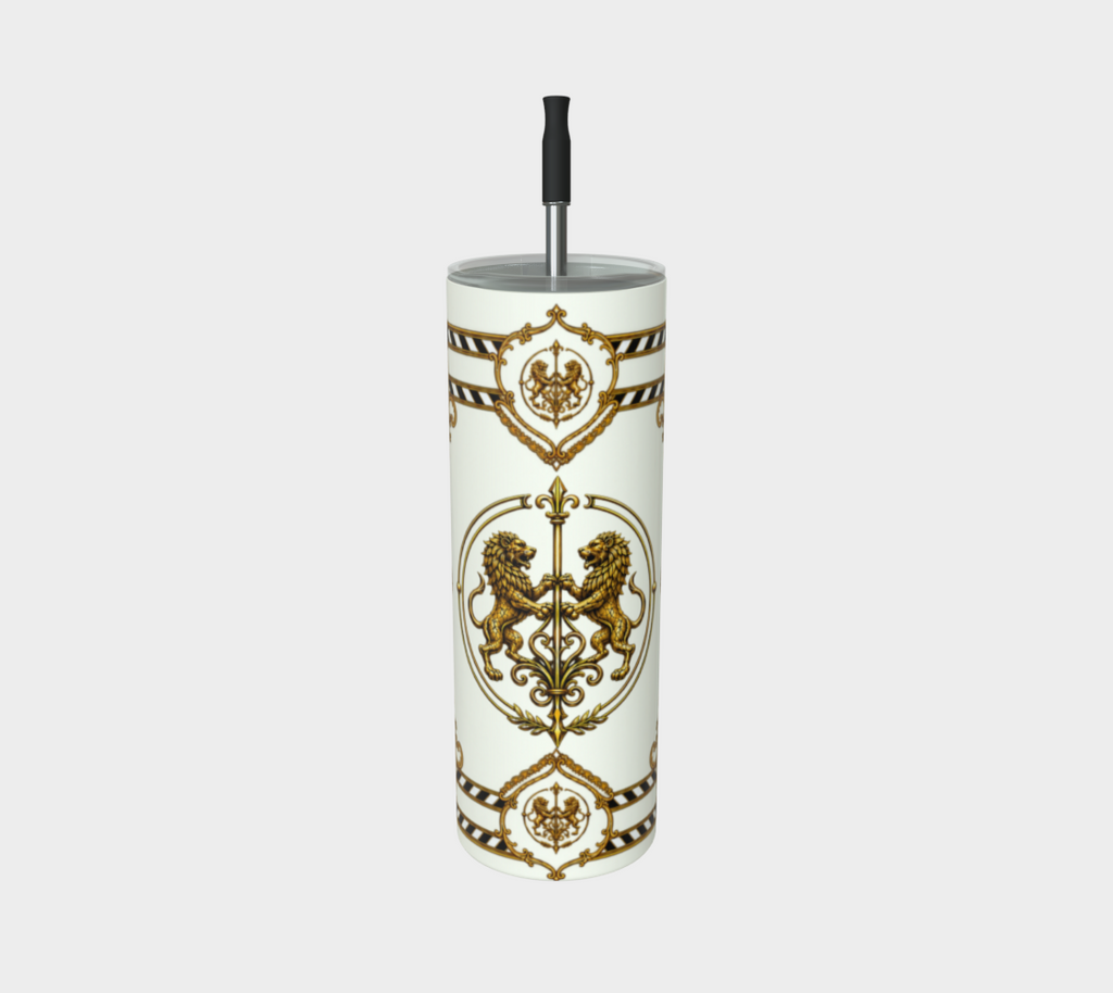 20 oz Steel Tumbler — Inspired by Louis C. Tiffany (1848–1933) and a French Teacup and Saucer — Gold Lions on Antique White
