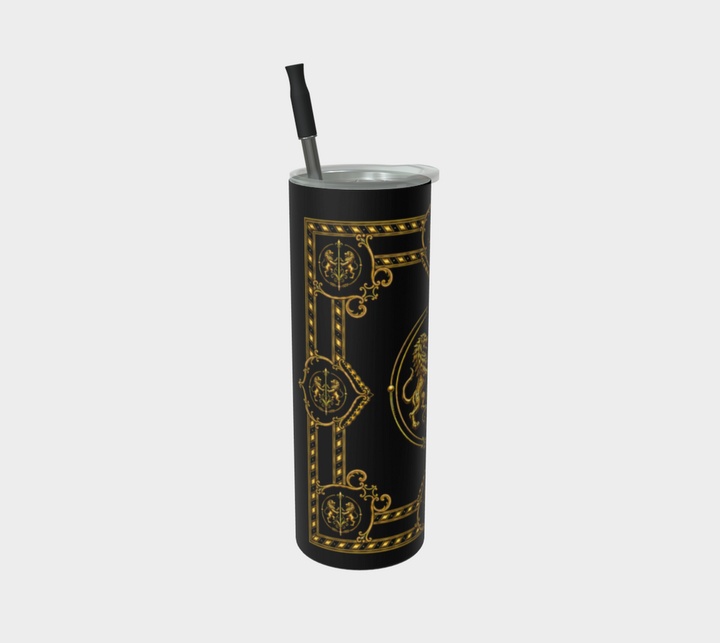 20 oz Steel Tumbler — Inspired by Louis C. Tiffany (1848–1933) and a French Teacup and Saucer — Gold Lions on Black