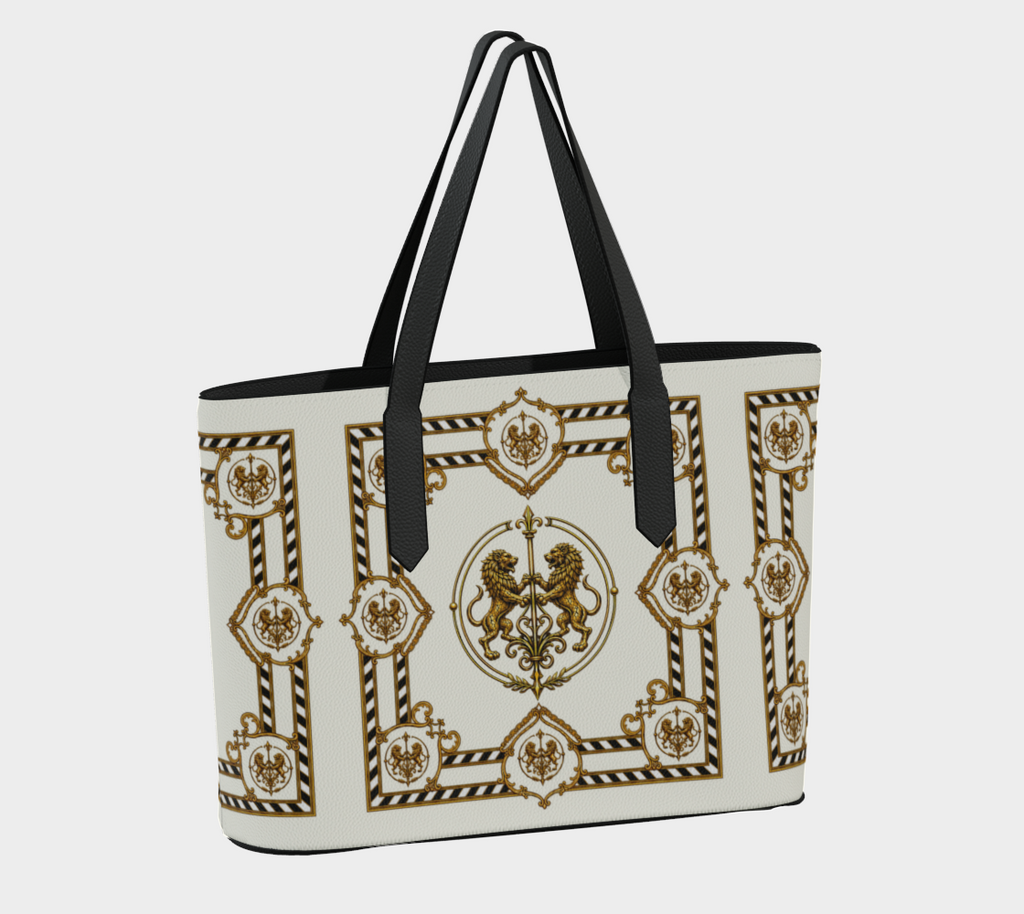 Tote — Inspired by Louis C. Tiffany (1848–1933) and a French Teacup and Saucer — Gold Lions on Antique White
