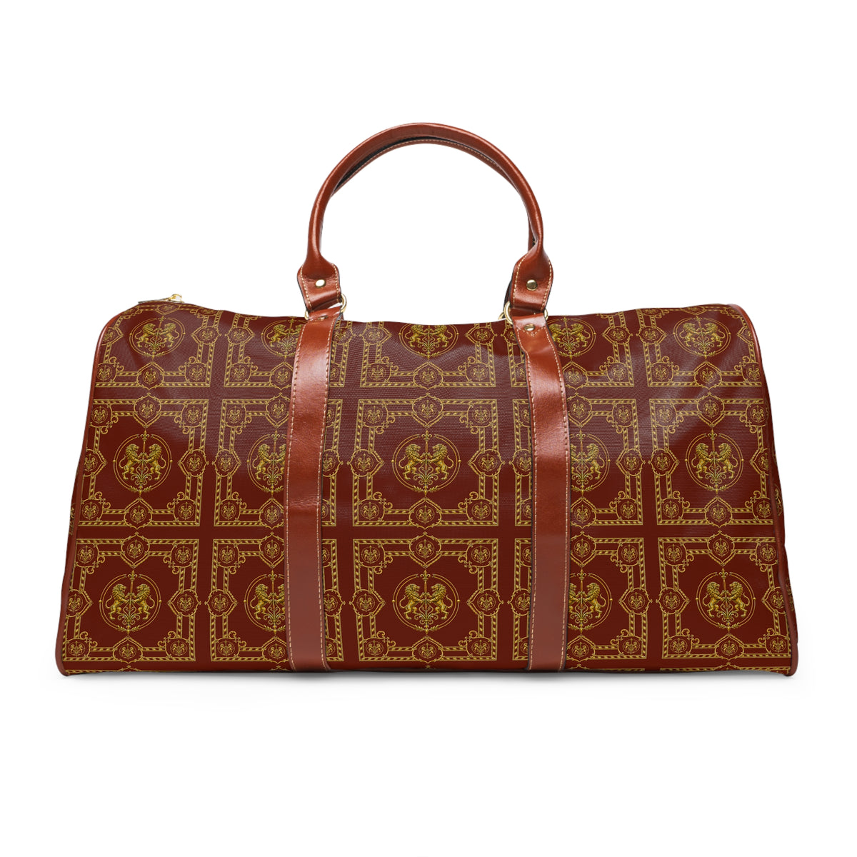 Duffle Bag — Inspired by Louis C. Tiffany (1848–1933) and a French Teacup and Saucer — Gold Lions on Cognac