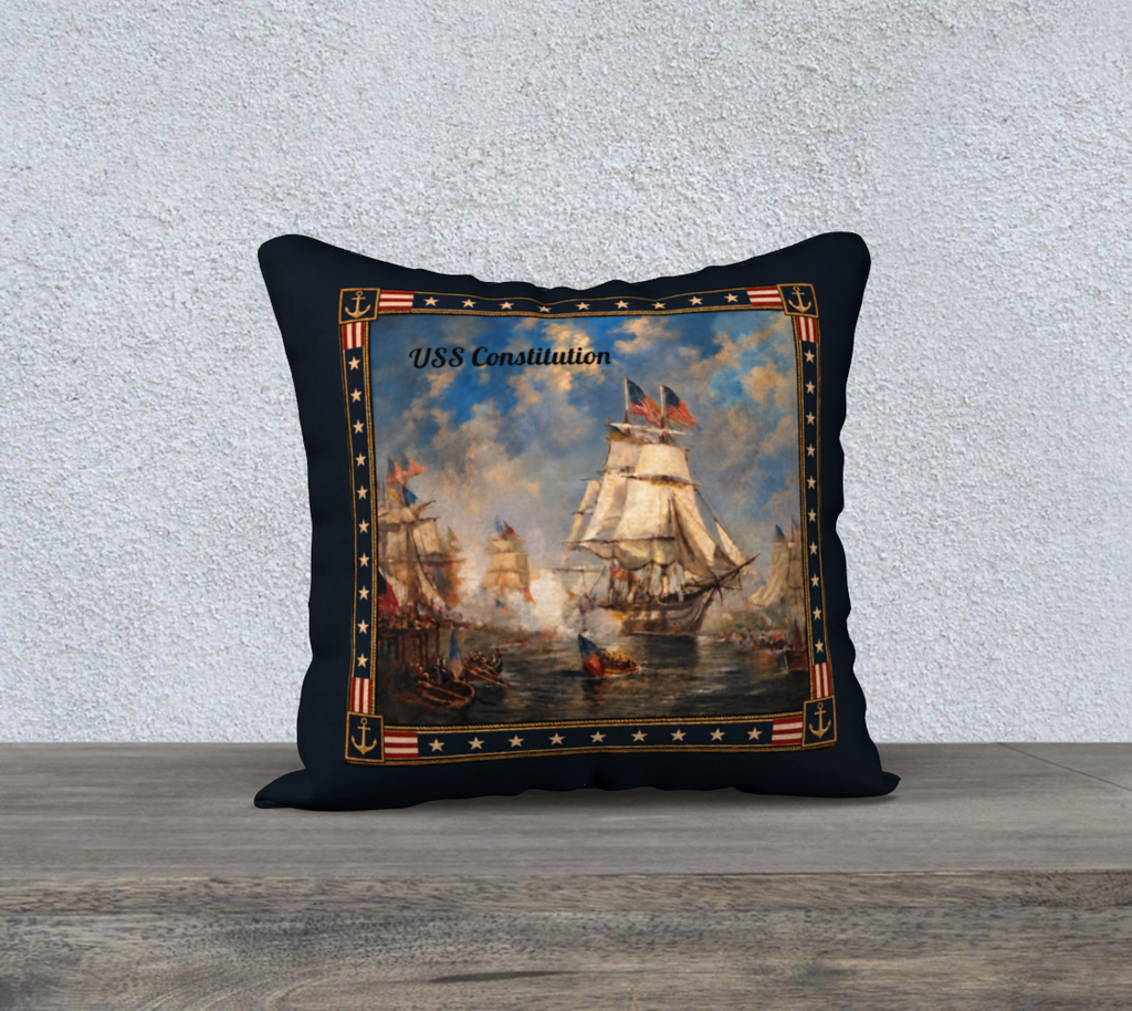18″ Square Canvas or Cotton Canvas Pillowcase — USS Constitution with Border— Back Emblem in White on Deep Navy
