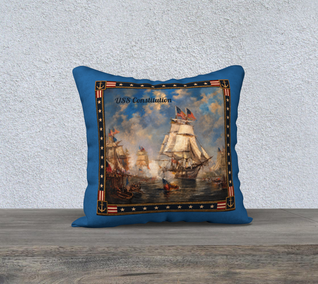 18″ Square Canvas or Cotton Canvas Pillowcase — USS Constitution with Border— Back Emblem in Cream on Sky Blue