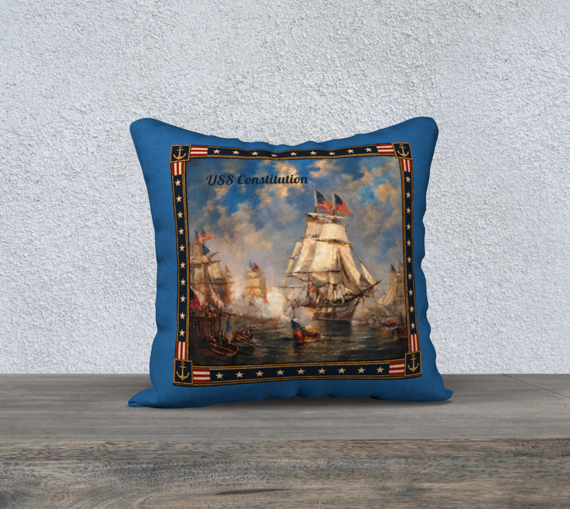 18″ Square Canvas or Cotton Canvas Pillowcase — USS Constitution with Border— Back Emblem in Cream on Sky Blue