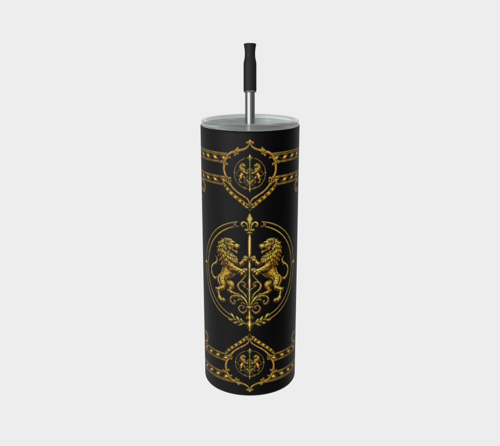 20 oz Steel Tumbler — Inspired by Louis C. Tiffany (1848–1933) and a French Teacup and Saucer — Gold Lions on Black