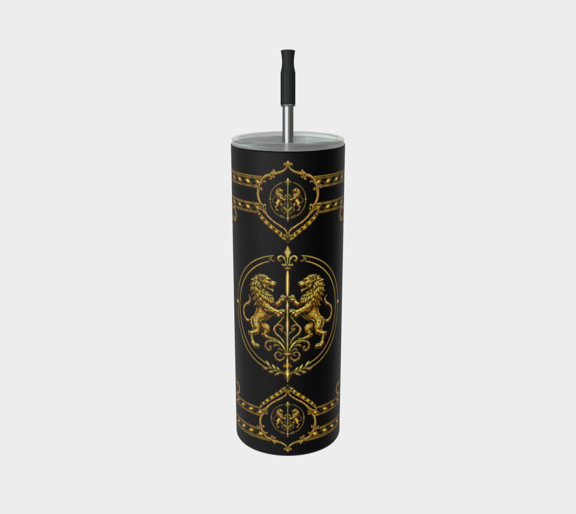 20 oz Steel Tumbler — Inspired by Louis C. Tiffany (1848–1933) and a French Teacup and Saucer — Gold Lions on Black