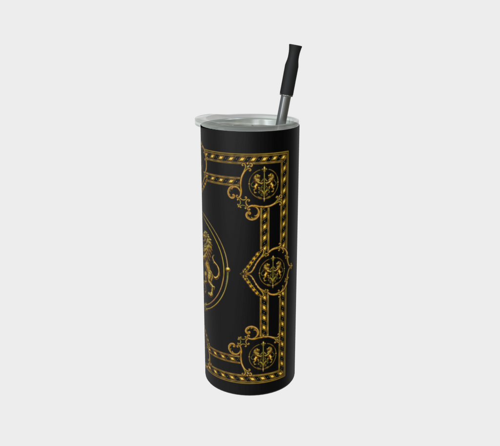 20 oz Steel Tumbler — Inspired by Louis C. Tiffany (1848–1933) and a French Teacup and Saucer — Gold Lions on Black