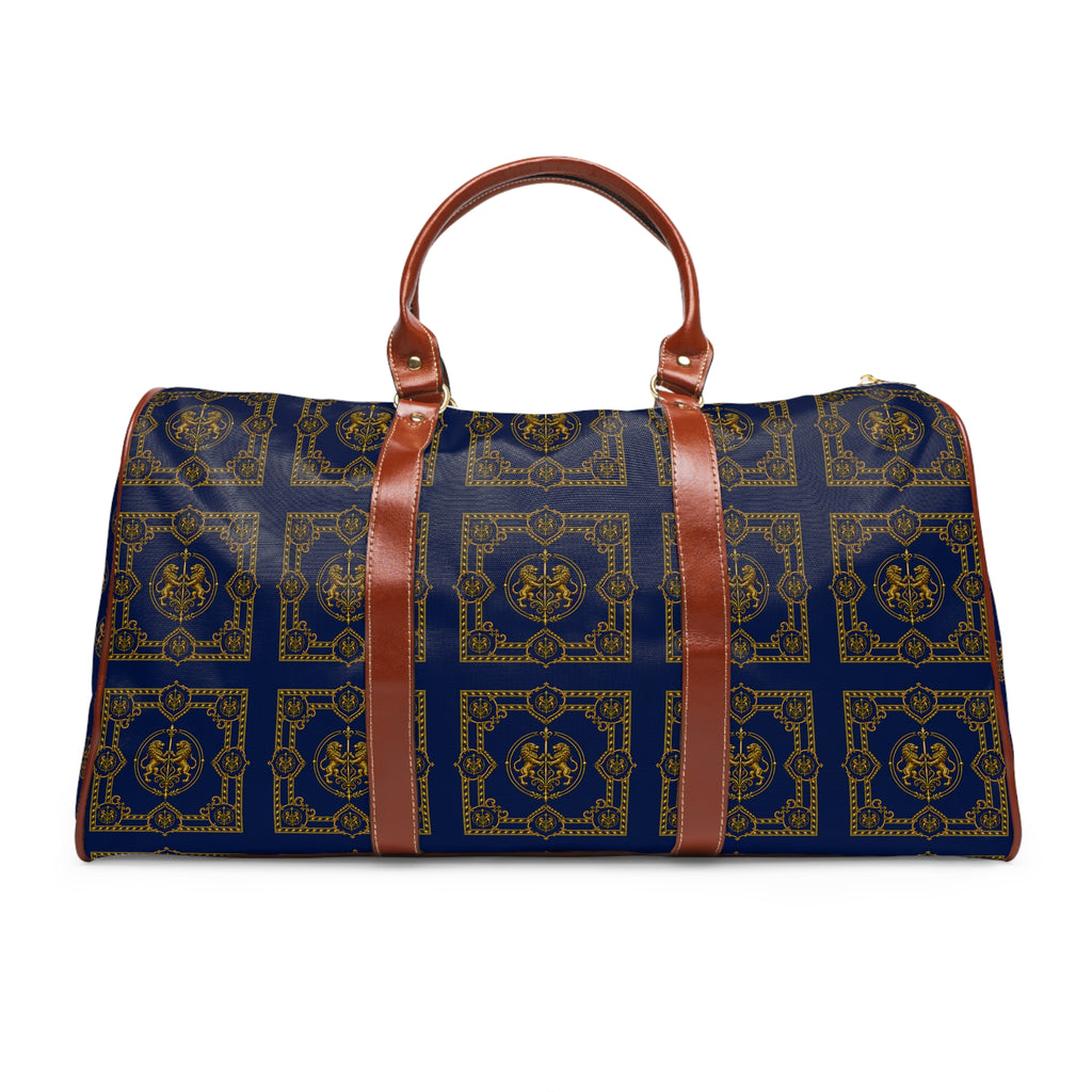 Duffle Bag — Inspired by Louis C. Tiffany (1848–1933) and a French Teacup and Saucer — Gold Lions on Navy