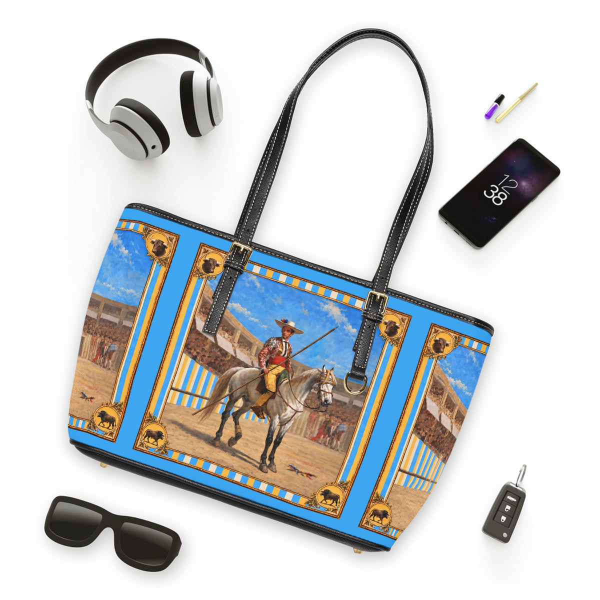 The Matador Collection-Tote-Yellow Cameo Bull-Sky Blue