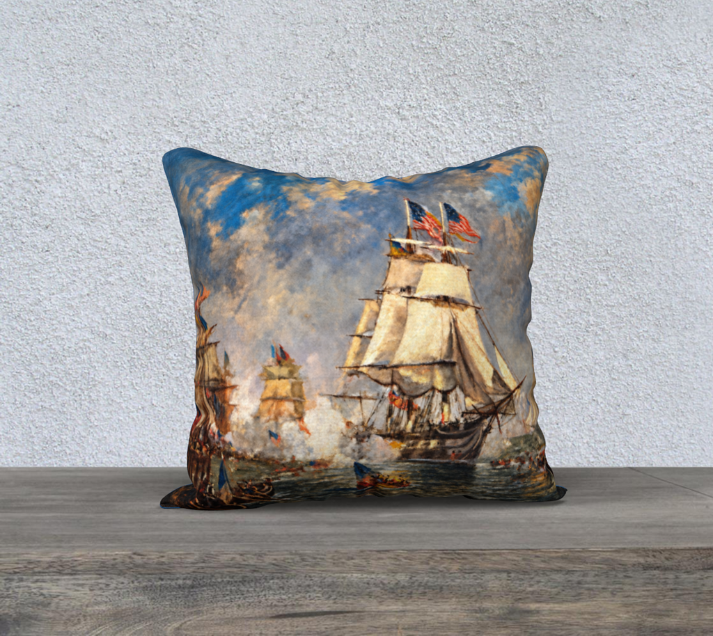 18″ Square Canvas or Cotton Canvas Pillowcase — USS Constitution — Back Emblem in White on Sky Blue