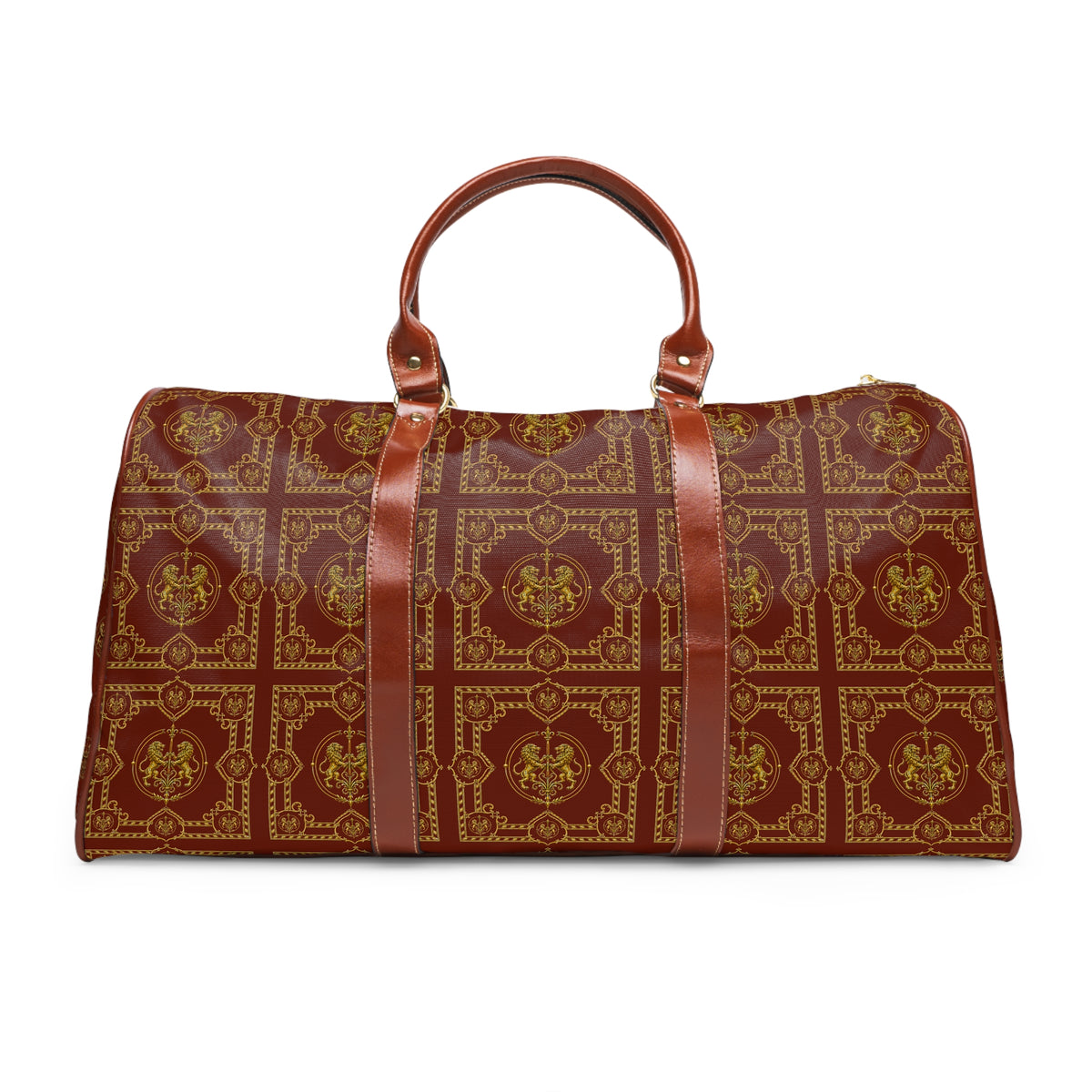 Duffle Bag — Inspired by Louis C. Tiffany (1848–1933) and a French Teacup and Saucer — Gold Lions on Cognac