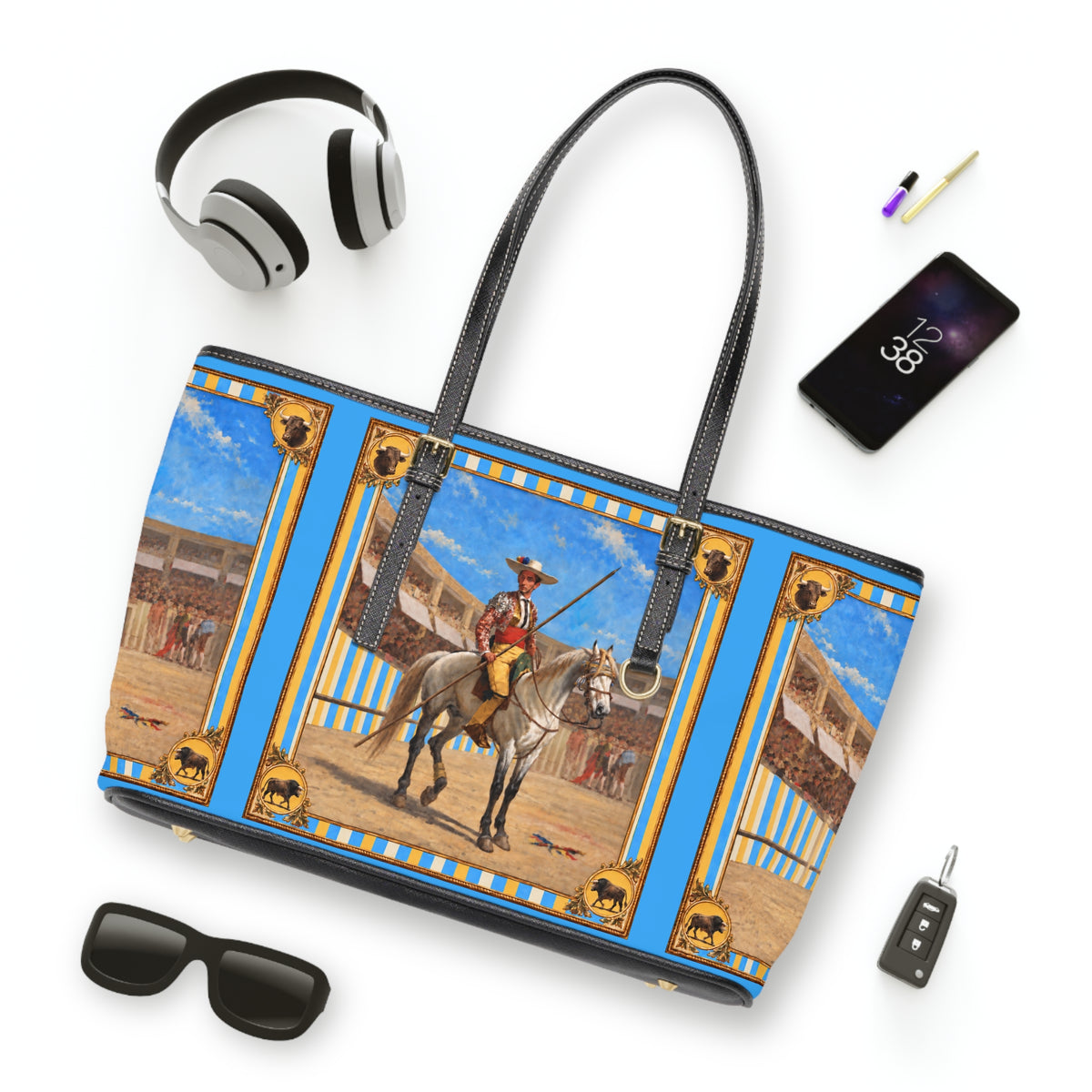 The Matador Collection-Tote-Yellow Cameo Bull-Sky Blue