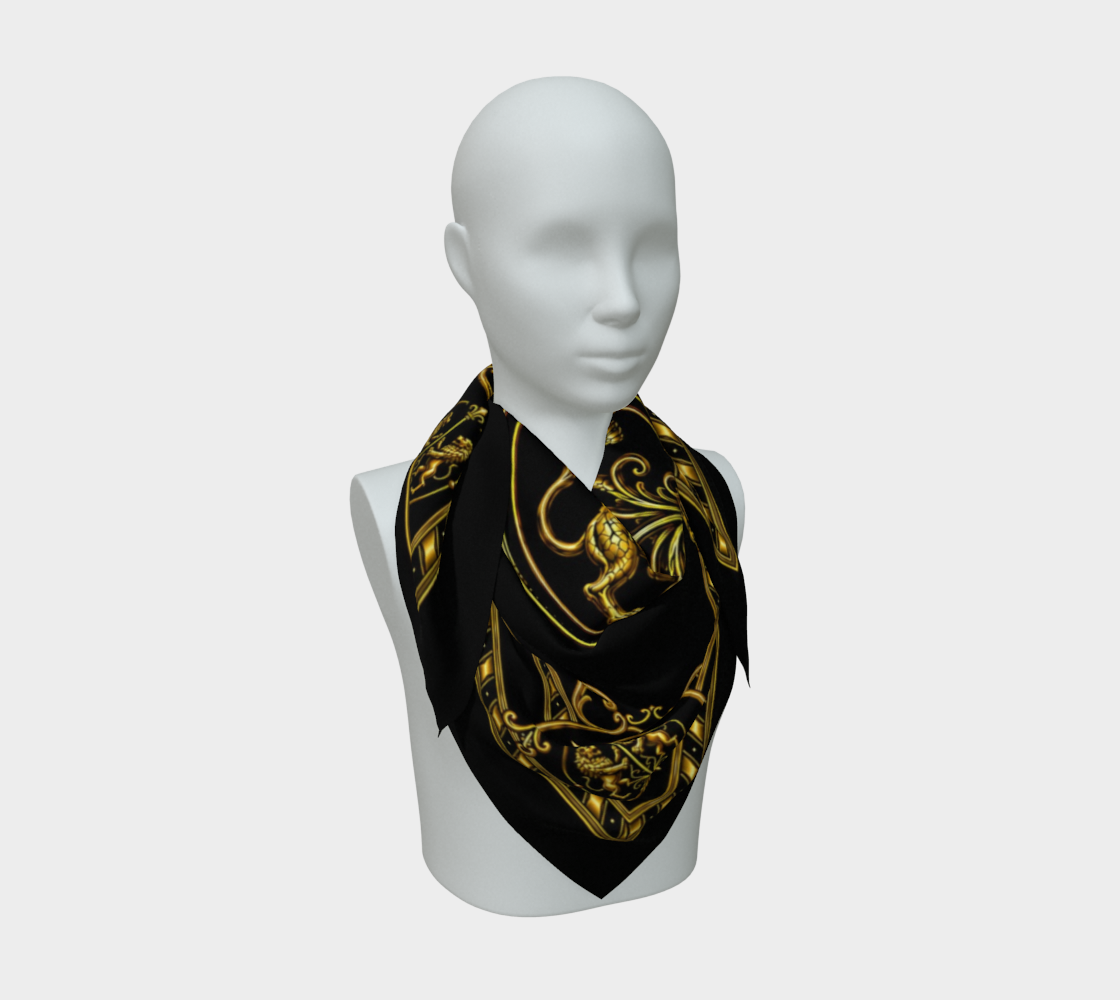 100% Silk Scarf — Inspired by Louis C. Tiffany (1848–1933) and a French Teacup and Saucer — Gold Lions on Black