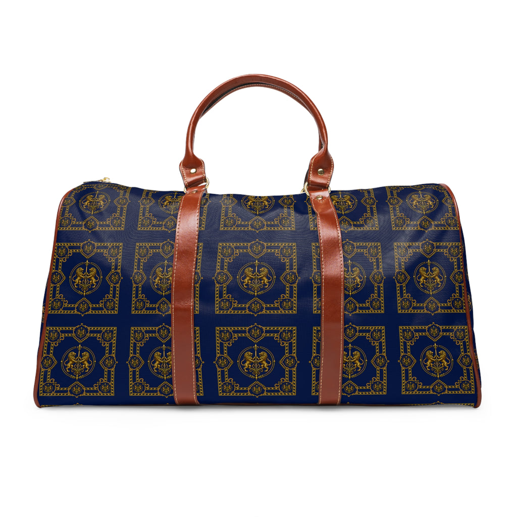 Duffle Bag — Inspired by Louis C. Tiffany (1848–1933) and a French Teacup and Saucer — Gold Lions on Navy
