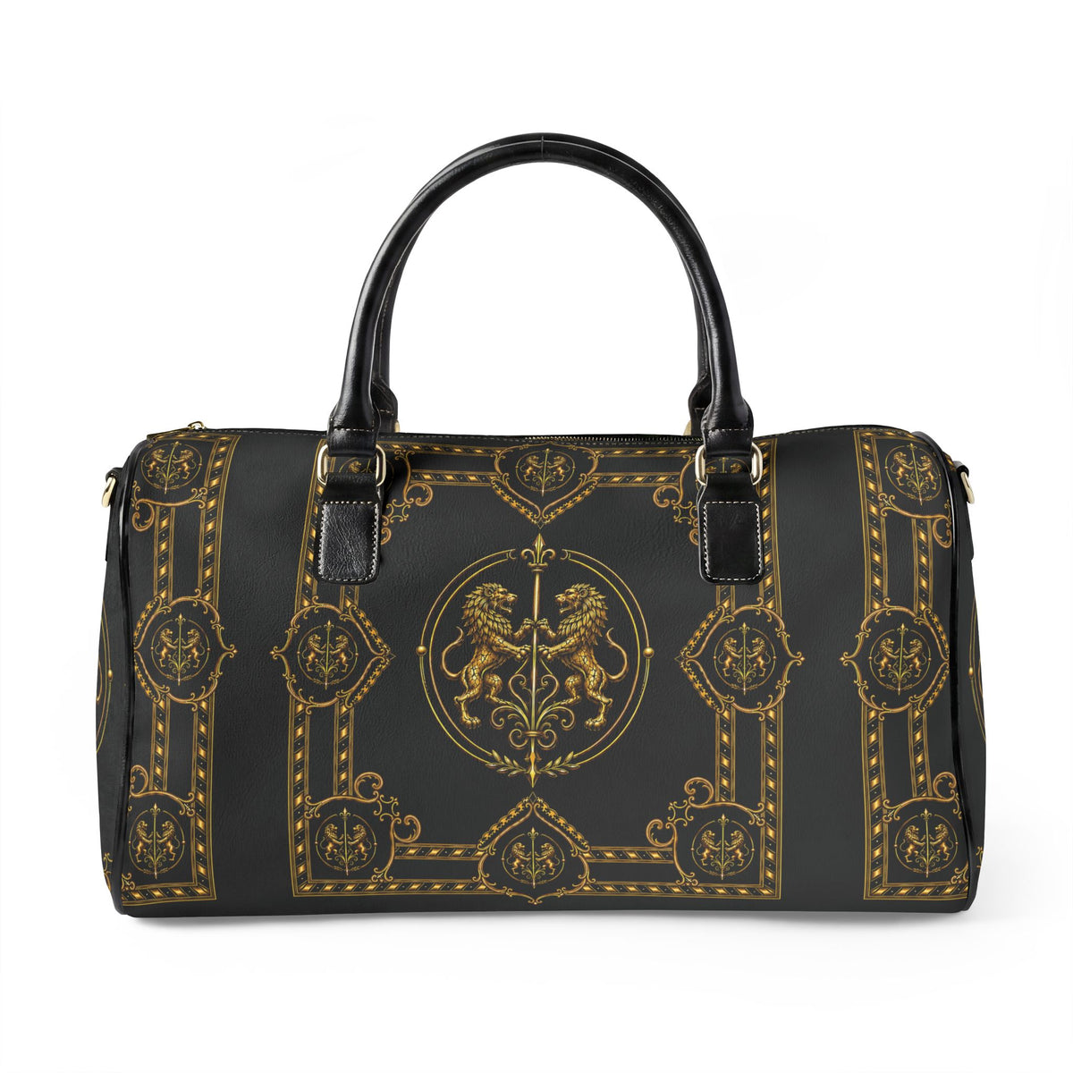 Barrel Bag — Inspired by Louis C. Tiffany (1848–1933) and a French Teacup and Saucer — Gold Lions on Black