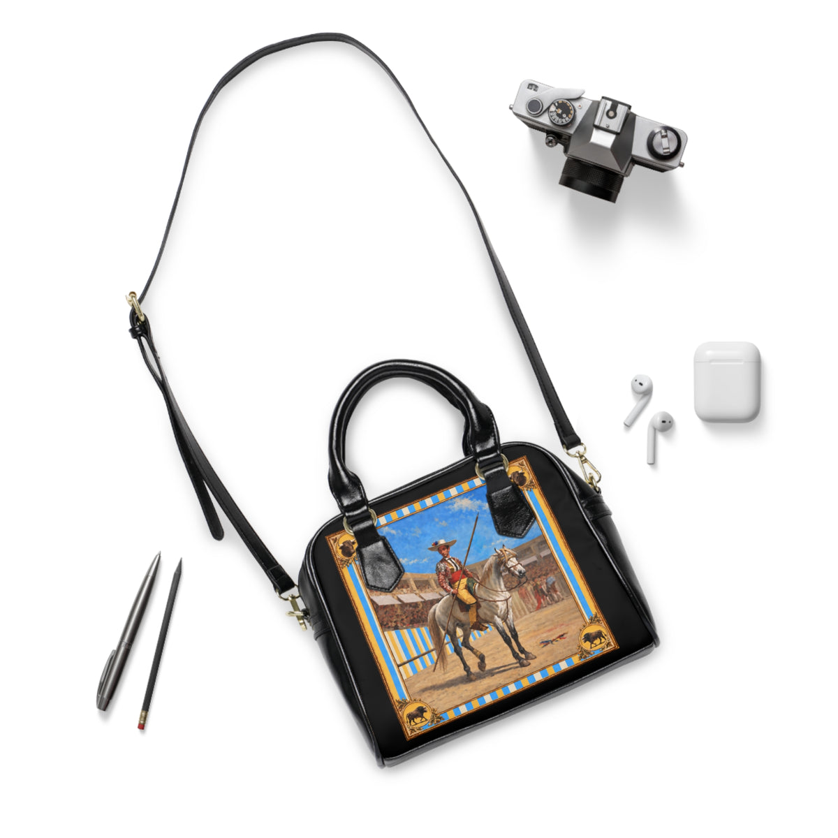 The Matador Collection-Satchel Bag-Black with Yellow Cameo Bulls