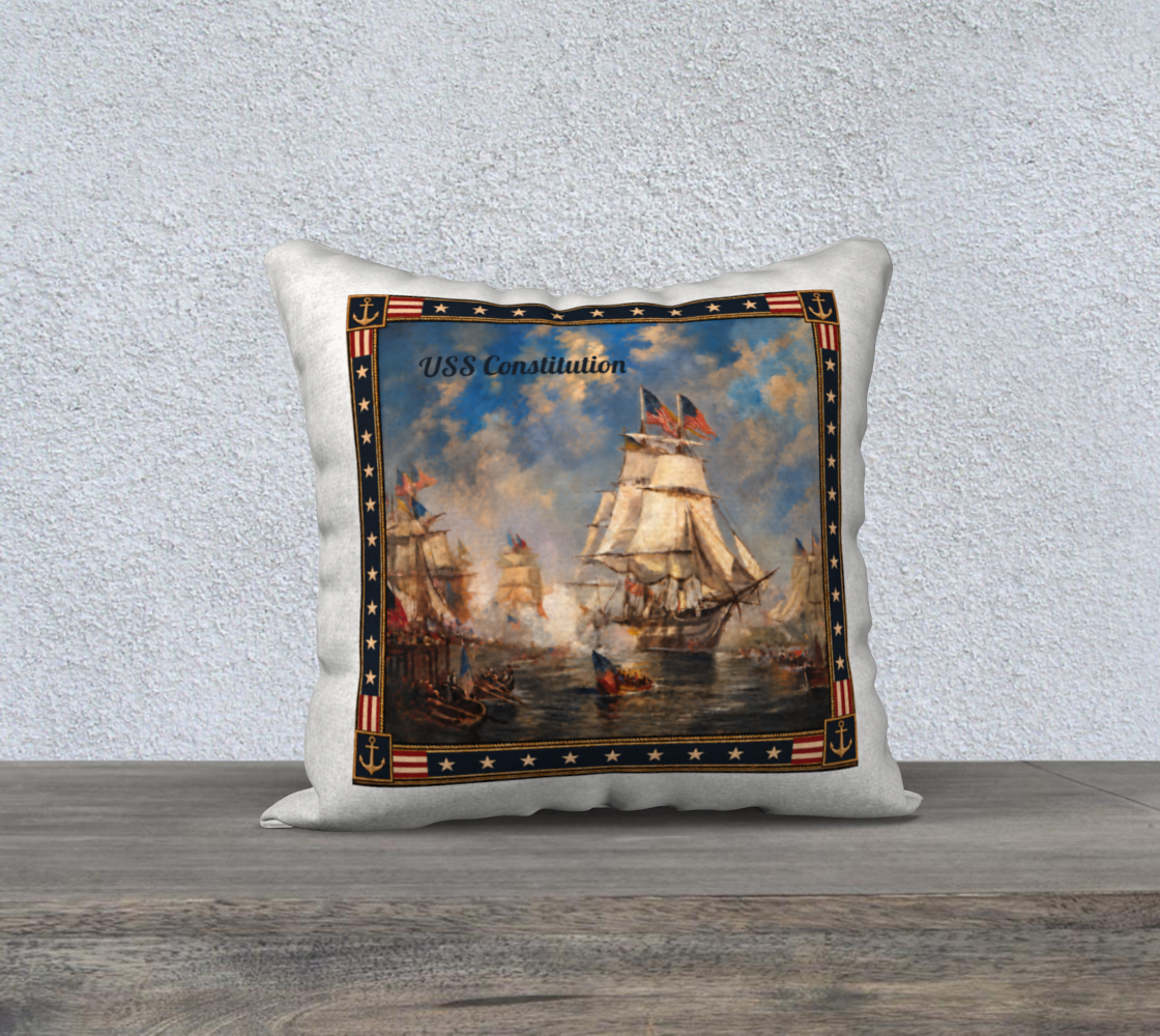 18″ Square Canvas or Cotton Canvas Pillowcase — USS Constitution with Border— Back Emblem in Crimson on White