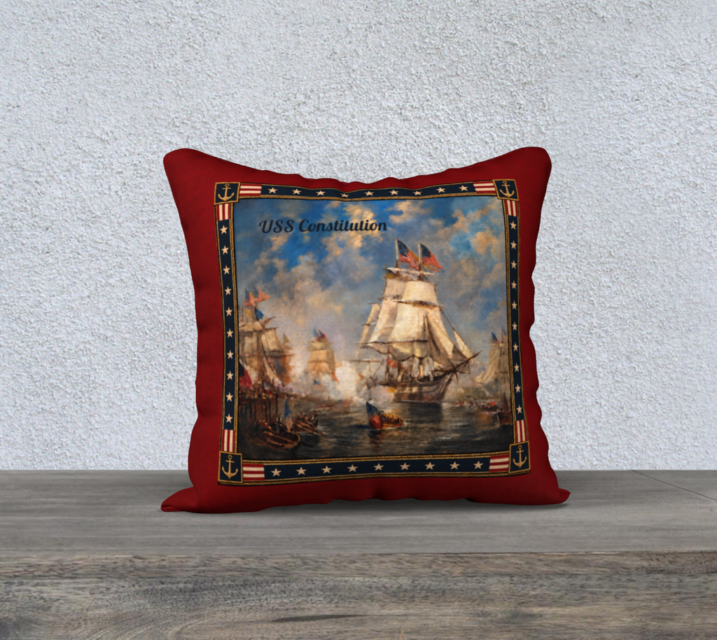 18″ Square Canvas or Cotton Canvas Pillowcase — USS Constitution with Border— Back Emblem in Cream on Crimson