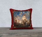 18″ Square Canvas or Cotton Canvas Pillowcase — USS Constitution with Border— Back Emblem in Cream on Crimson
