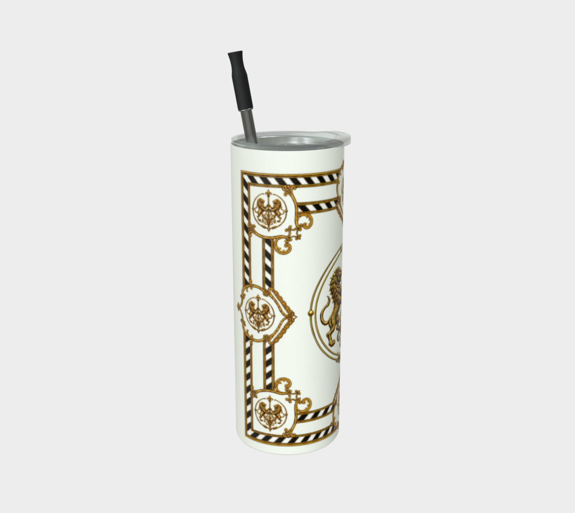 20 oz Steel Tumbler — Inspired by Louis C. Tiffany (1848–1933) and a French Teacup and Saucer — Gold Lions on Antique White