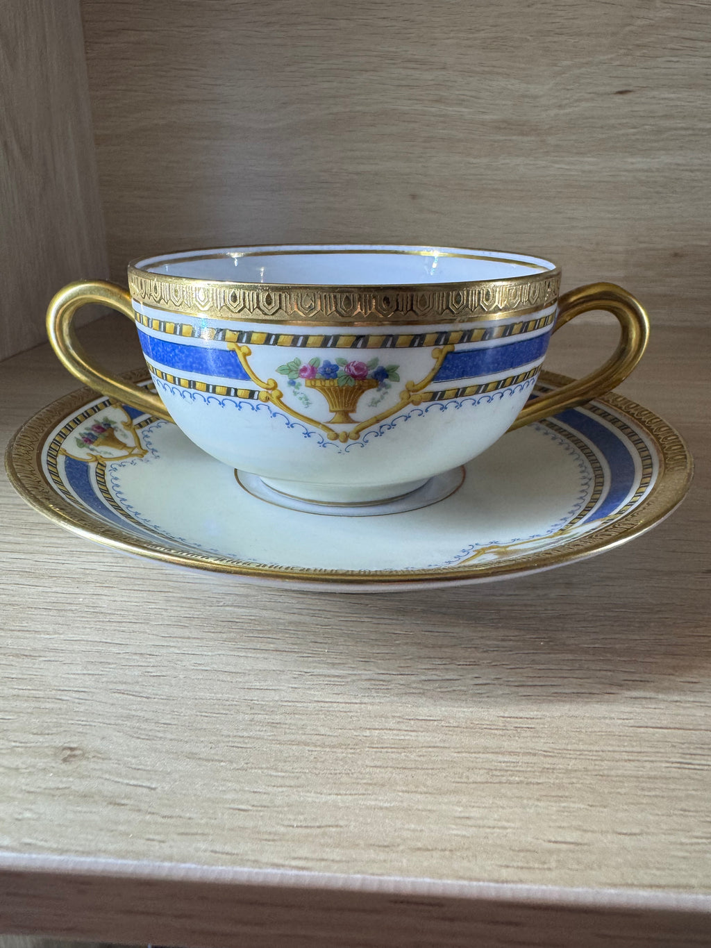 100% Silk Scarf — Inspired by Louis C. Tiffany (1848–1933) and a French Teacup and Saucer — Gold Lions on Antique White