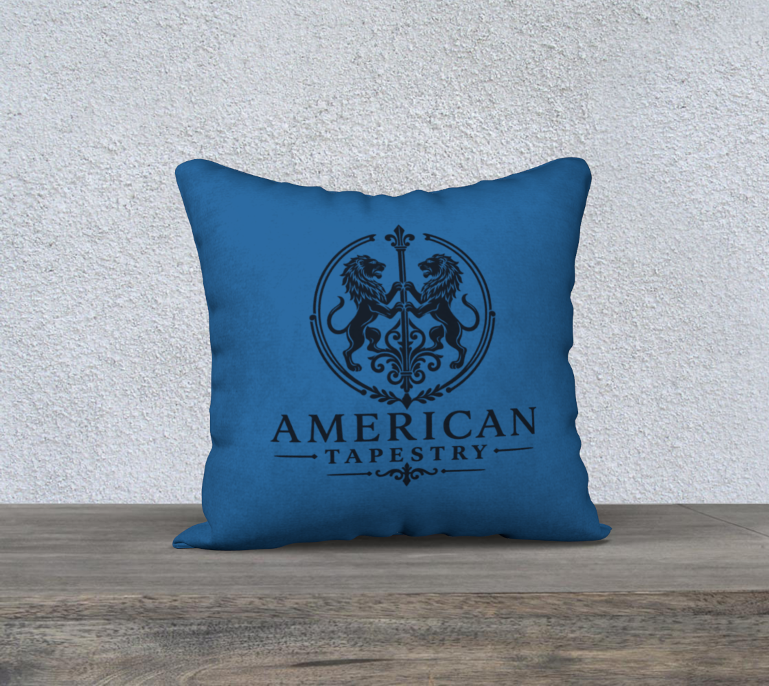 18″ Square Canvas or Cotton Canvas Pillowcase — USS Constitution with Border— Back Emblem in Deep Navy on Sky Blue