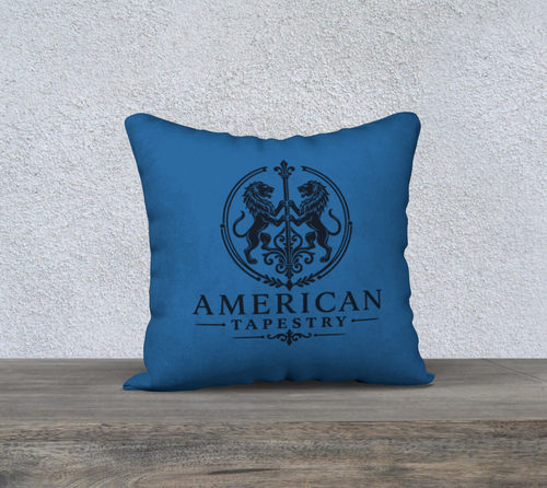 18″ Square Canvas or Cotton Canvas Pillowcase — USS Constitution with Border— Back Emblem in Deep Navy on Sky Blue