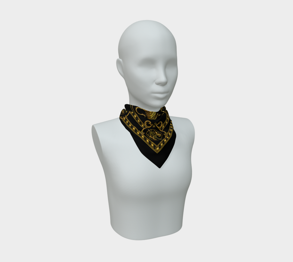 100% Silk Scarf — Inspired by Louis C. Tiffany (1848–1933) and a French Teacup and Saucer — Gold Lions on Black