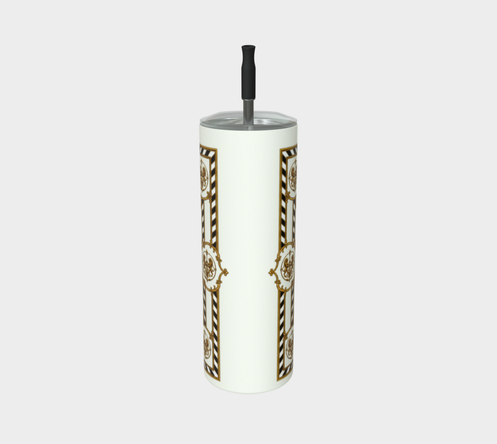 20 oz Steel Tumbler — Inspired by Louis C. Tiffany (1848–1933) and a French Teacup and Saucer — Gold Lions on Antique White